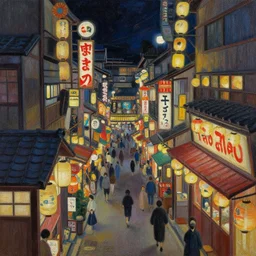 enchanted izakaya in the night. this oil painting by the award - winning mangaka has a beautiful composition, great sense of depth, dramatic lighting and intricate details.