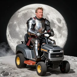 Hank hill from “King of the Hill” wearing a full suit of medieval armor, riding a lawnmower on the moon, photo
