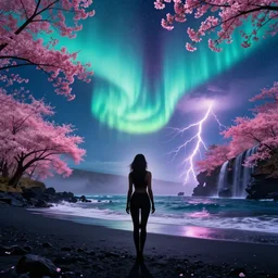 beautiful sexy woman silhouette on holokalani black beach of maui in royal blue antelope canyon during sakura season on an interstellar aurora borealis with heavy thunder and lightning, pink waterfalls, by peter mohrbacher, james jean, james gilleard, greg rutkowski, vincent di fate, rule of thirds, octane render, beautiful
