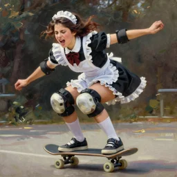 A ultradetailed beautiful panting of a stylish woman in a maid outfit skateboarding, Oil painting, by Ilya Kuvshinov, Greg Rutkowski and Makoto Shinkai