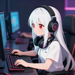 white long haired red eyed young cute girl wearing headset playing computer game mika pikazo, anmi, yumei style