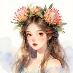 a beautiful princess with protea flower crown, portrait, watercolor, fantasy, fairytale