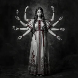 full body portrait of marzanna slavic goddess with six arms in slavic clothes : concept art zdzisław beksinski, full body!! contour light effect!! hd, 4 k, ultra clear detailed : dark color gamma