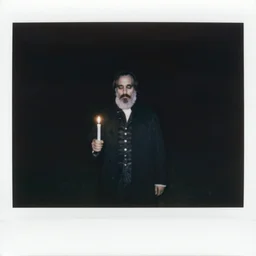 trail _ camera _ photo _ of _ a _ breaton monks looking like rasputin with lit candles _ realistic _ spooky _ grimdark _ night _ black _ and _ white, polaroid