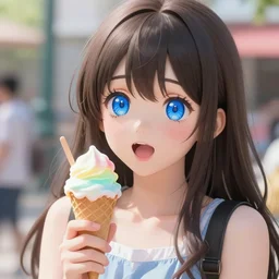 teenage cute girl with extremely detailed blue eyes!, holding a cone of rainbow ice cream!, excited expression, full face, medium shot, anime, fantastic details, trending on artstation, pixiv, hyperdetailed, stanley artge rm lau, wlop, rossdraws, james jean marc simonetti ruan jia and mandy jurgens and artgerm and william adolphe bougue
