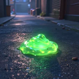 a small sticky puddle of green luminous goop on the pavement in a back alley, in the style of a pixar movie