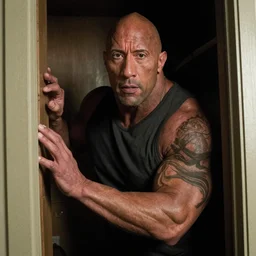 grainy photo of dwayne johnson a creepy monster in a closet, harsh flash