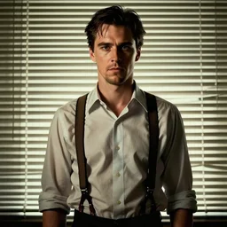 masterpiece concept art, christian bale as patrick bateman from american psycho wearing suspenders and shirt ( no jacket ) against closed blinds, soft lighting, cinematic moody colors, realistic shaded lighting poster by ilya kuvshinov, magali villeneuve, artgerm, jeremy lipkin and michael garmash and rob rey, drew struzan