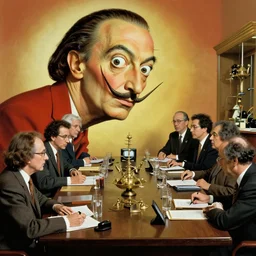 a conference of psychedelic men & women scientists / professors / researchers in the style of salvador dali