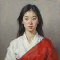 portrait of a woman wearing white and red, oil painting by leng jun.