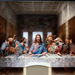 Renaissance painting of jesus and the last supper and everyone is smiling and taking selfies