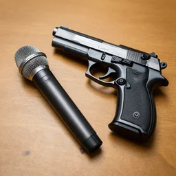 a microphone next to a pistol on a wooden table, photo, canon, 8 k hd
