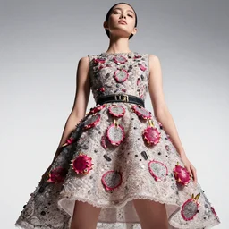 photo from below of a fashion model, luxury dress inspired by dragon fruit, official dior editorial, highly detailed