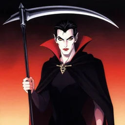 beautiful Vampire with a cloak and scythe , 35mm lens,noir, vibrant high contrast, gradation, jean giraud, moebius, fantasy, rule of thirds, fibonacci, intricate, cel shaded, flat, matte print, smooth,artstation, soft eyes,concept art by Rodney Bars