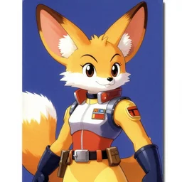 1 9 8 0 s video game art portrait of female anthropomorphic fennec from starfox fursona furry fennec in a space mercenary uniform, looking heroic, magazine scan, 8 0 s game box art