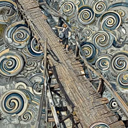 aerial view of a man walking on an old wood bridge, 3 meters , swirly clouds in the background, art by James Jean and Wayne Barlowe and moebius, high details , contrasted colors, cinematic, cgsociety 8k