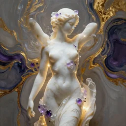 abstract female sculpture made of white marble and amethyst crystals quartz, ethereal lights, fine details, artstation, film still, rim light, cinematic photoshooting, luxury, golden filigree, octane render, hypperrealistic painting, abstract liquid acrylic art