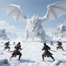 a group of heros in a vast snowy landscape fighting a huge white dragon, night with Arora borealis, intricate and vivid detail, fantasy masterpiece, 4k resolution, trending on artstation