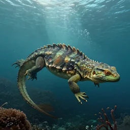 deep sea monster lizard while swimming extremely realistic made by leonardo da vinci