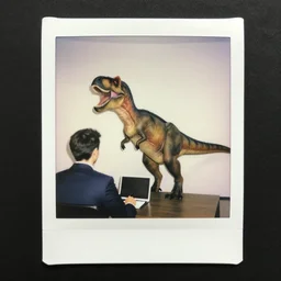 “Polaroid photo of a dinosaur in a suit at a job interview. He is nervous and sweating profusely.”