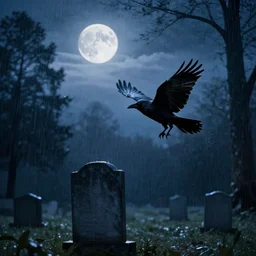 a raven flying over the tombstone at rainy night with full moon, rain, clouds, tall trees, diffused blue glow