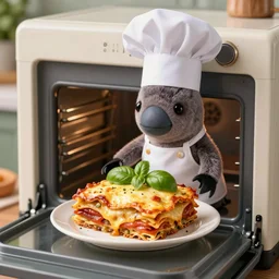 platypus wearing a chef hat while holding a lasagna into an oven, with three basil leaves over the lasagna