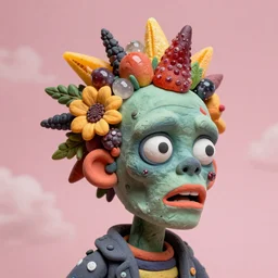 portrait headshot of a zombie punk, head made of fruit gems and flowers in the style of arcimboldo, david altmejd, photorealistic, dynamic lighting, action figure, clay sculpture, claymation, cloudy pink background