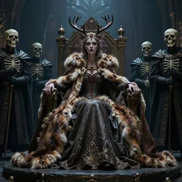 a cursed lady princess dressed in a deer fur cloak, sitting in her throne, surrounded by skelleton royal guards, cinematic epic scene, wide view, detailed, 8 k, trending on cgi society, volummetric light