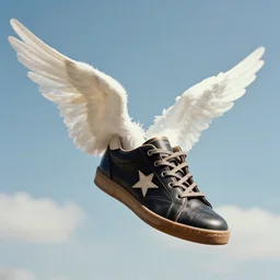 a blackall star shoes flying on the sky with angel wings, rare fotagge ( 1 9 9 0 s )
