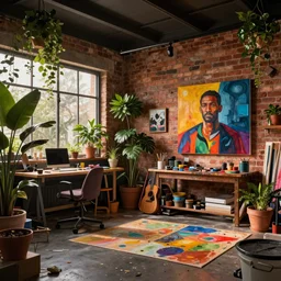 a stylish artist studio interior, messy, many plants, brick walls, painting by Craig Mullins, octane rendering, warm moody lighting, wide angle lens, low view, in the style of blade runner, trending on artstation, 8k,