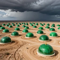 majestic sprawling parched wasteland covered with numerous shiny emerald domes by caspar david friedrich, dramatic thunderstorm clouds, by alexander fedosav, hyperrealism, 8 k resolution, behance hd, artstation, nightcafe