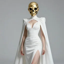 fashionable cyberpunk female wearing white hyperdetailed futuristic high slit plunge cape sleeve chic ruched party dress. golden surreal helmet made of bones. solarpunk. sigma art 1 0 5 mm f 2. 8. hyper realistic vfx simulation. fashion ad