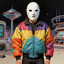 illustration of model in plastic space mask wearing baggy colorful 9 0 s rick owens jacket by frank frazetta. 7 0 s sci fi movie poster.