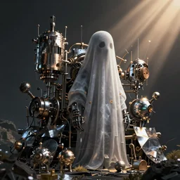 a ghost surrounded in mechanical devices and metal sheets