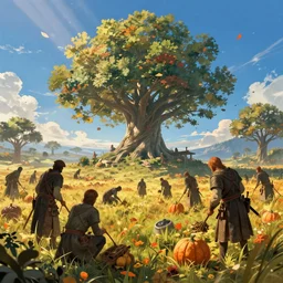 an illustration of medieval fantasy getting ready for fall harvest and beautiful blue sky scenery. elden ring erd tree in background, cinematic view, epic sky, detailed, concept art, low angle, high detail, warm lighting, volumetric, godrays, vivid, beautiful, trending on artstation, by jordan grimmer, huge scene, grass, art greg rutkowski