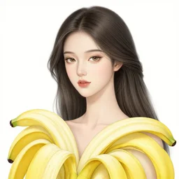 the portrait of an absurdly beautiful, graceful, elegant, and wise young woman made of bananas and petals, an ultrafine detailed illustration by kim jung gi, irakli nadar, intricate linework, bright colors, final fantasy, behance contest winner, angular, unreal engine 5 highly rendered, global illumination, radiant light, detailed and intricate environment