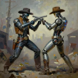 a oil painting of a cybernetic cowboy duelwielding a revolvers in the style of cyberpunk in the style of Frank Frazetta trending on artstation deviantart Pinterest detailed realistic High Resolution HD 8k