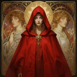 symmetry!! portrait of a red hooded ethereal wizard, fantasy, intricate, elegant, highly detailed, digital painting, artstation, concept art, smooth, sharp focus, illustration, art by artgerm and greg rutkowski and alphonse mucha