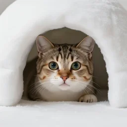 cute!!! cat peeking its head out an igloo, 33mm, close up photo