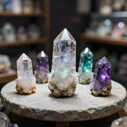 5 5 mm photo, of freshly colored quartz on a stone table in a store. dof. bokeh. magical dark atmosphere. art by greg rutkowski. highly detailed 8 k. intricate. lifelike. soft light. nikon d 8 5 0.