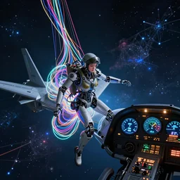 dark aeronautical theme : a beautiful robot fighter pilot is female piloting while suspended by luminous intricate organic and colorful electric cables and wires and fibers to the jet cockpit with dials and lights and gauges and radar, experiencing the quantum field cinematic highly detailed realistic beautiful cosmic neural network o