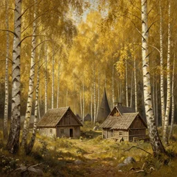 A beautiful painting of a small medieval settlement in the edge of a birch forest, cinematic composition, concept art, golden ratio, matte painting, Marc Simonetti, Sergey Vasnev, Anato Finnstark, artstation, 8k, high resolution