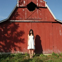 a young woman in! the shadow! of a red barn!. black hair, white! dress, sharp focus, wide angle, trending on artstation, eddie mendoza, anato finnstark, randy vargas, wu bayard.