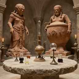 a complex ancient alchemists interior, 4 k, stone table, giant clay gollum, giant clay statue, giant athanor, alembic, beakers full of liquid, knobs, glass orbs, candle lighting, octane render, natural color scheme, architectural photography, f 3 2, still from movie by guillermo del toro