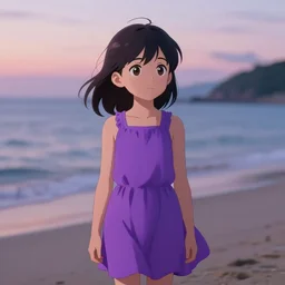 a 1 8 - year - old girl wearing a violet dress, standing on a beach, with her eyes on the dusk, natural lighting, hyperdetailed anime - styled illurstration, 4 k