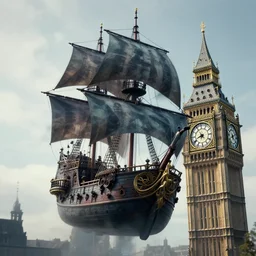 highly detailed photograph of a ghostly pirate ship flying above big ben. hyper realism, professional digital art, unreal engine 5, 8 k render, sharp focus, trending on art station.