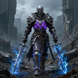 death knight wearing a worn armor carved with death runes that emit a purple glow of energy, dual wielding a large sword carved with rings that emit an electric blue glowing smoke, he is walking along the valley of the forgotten
