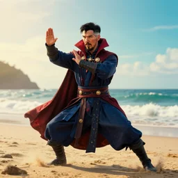 doctor strange performing kalaripayattu on a beach, cinematic, color graded, volumetric lighting, octane render, ultra realistic
