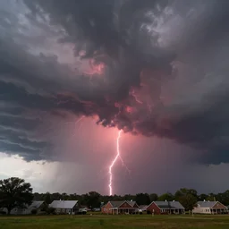 a beautiful thunderstorm rolling over a small town, with the clouds illuminated slightly red, ominous, eerie, wayne barlow
