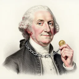 a photorealistic colored pencil sketch of a happy George Washington holding wearing a chain around his neck with a small gold Doubloon coin as a necklace. This 4K HD image is Trending on Artstation, featured on Behance, well-rendered, extra crisp, features intricate detail and the style of Unreal Engine.